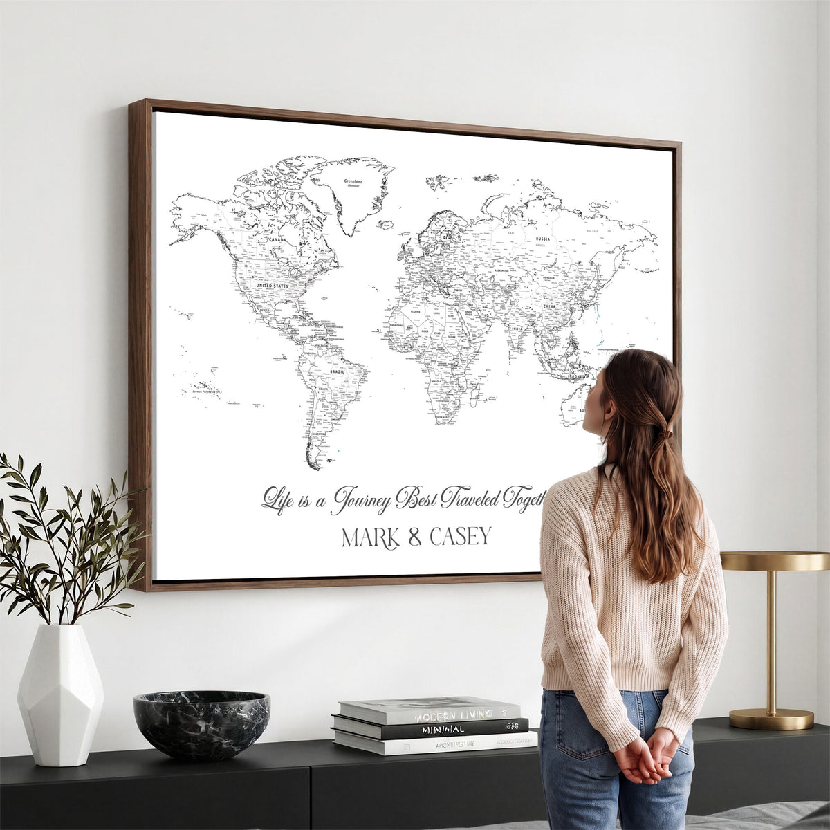 57820424-MGV-CV-36X24 - Custom Push Pin World Map Wall Art Canvas Print – Personalized Travel Tracker with Pins Framed Large for Home and Office Decor