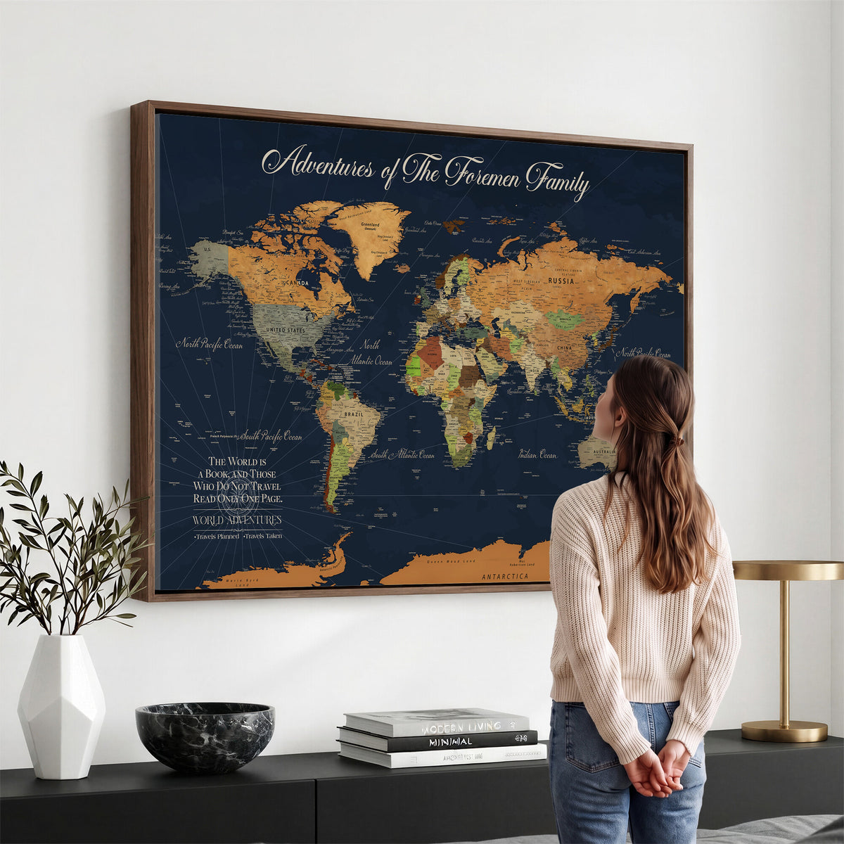 84352304-MGV-CV-36X24 - Custom Push Pin Travel Map Canvas Print, Honeymoon and Anniversary Gift, Living Room and Dining Room Decor