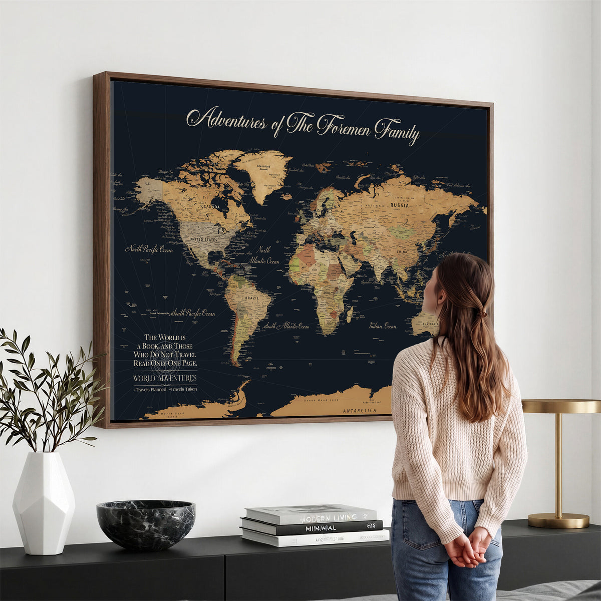 89403803-MGV-CV-36X24 - Personalized Beige Modern Family Adventure Push Pin World Map Canvas, Places Visited Tracker, Family Room and Home Office Decor