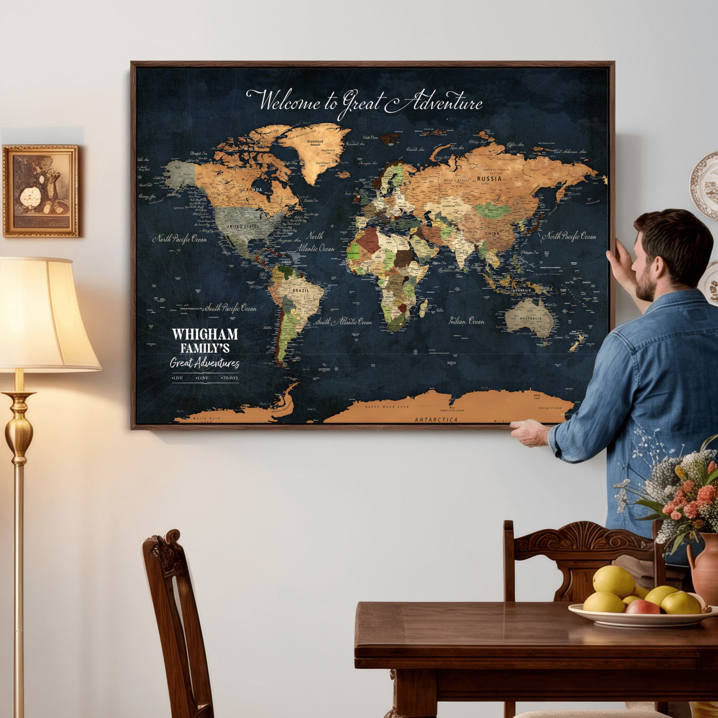 66788995-MGV-CV-36X24 - Custom Push Pin World Map Wall Art Canvas Print – Personalized Travel Tracker with Pins Framed Large for Home and Office Decor