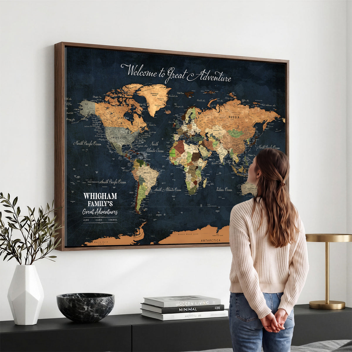 66788995-MGV-CV-36X24 - Custom Push Pin World Map Wall Art Canvas Print | Personalized Travel Tracker with Pins Framed Large for Home and Office Decor