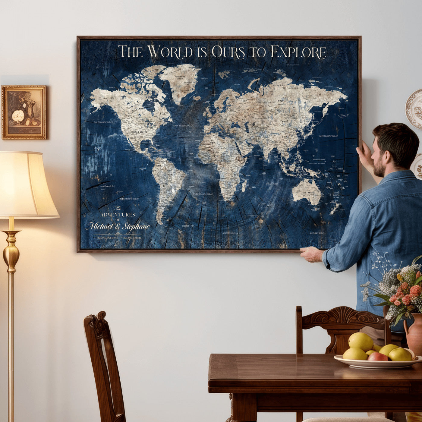 76965912-MGV-CV-36X24 - Custom Push Pin World Map Wall Art Canvas Print – Personalized Travel Tracker with Pins Framed Large for Home and Office Decor