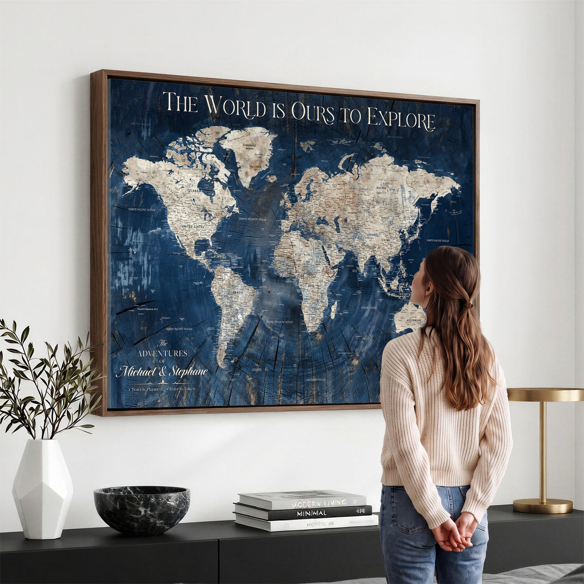 76965912-MGV-CV-36X24 - Custom Push Pin World Map Wall Art Canvas Print – Personalized Travel Tracker with Pins Framed Large for Home and Office Decor