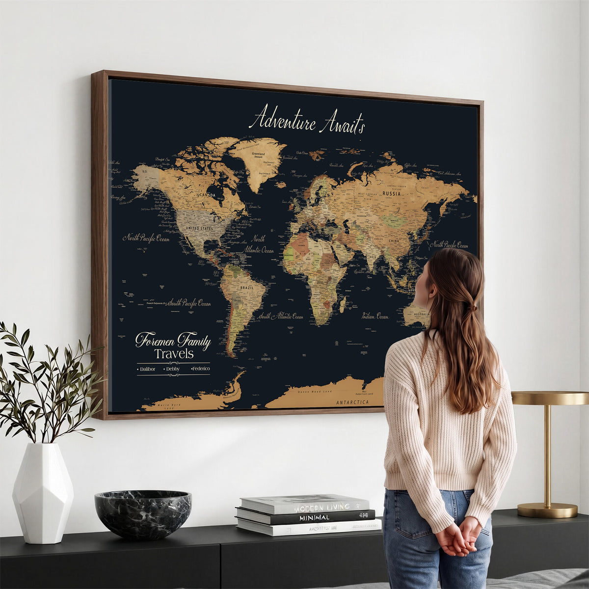 31781393-MGV-CV-36X24 - Custom Push Pin World Map Wall Art Canvas Print | Personalized Travel Tracker with Pins Framed Large for Home Decor