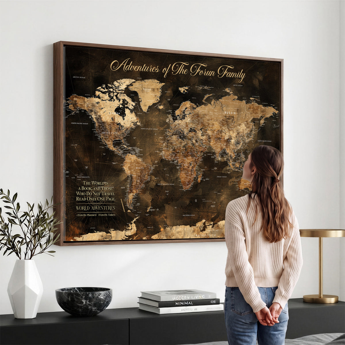 20594960-MGV-CV-36X24 - Custom Push Pin World Map Wall Art Canvas Print – Personalized Travel Tracker with Pins Framed Large for Home and Office Decor