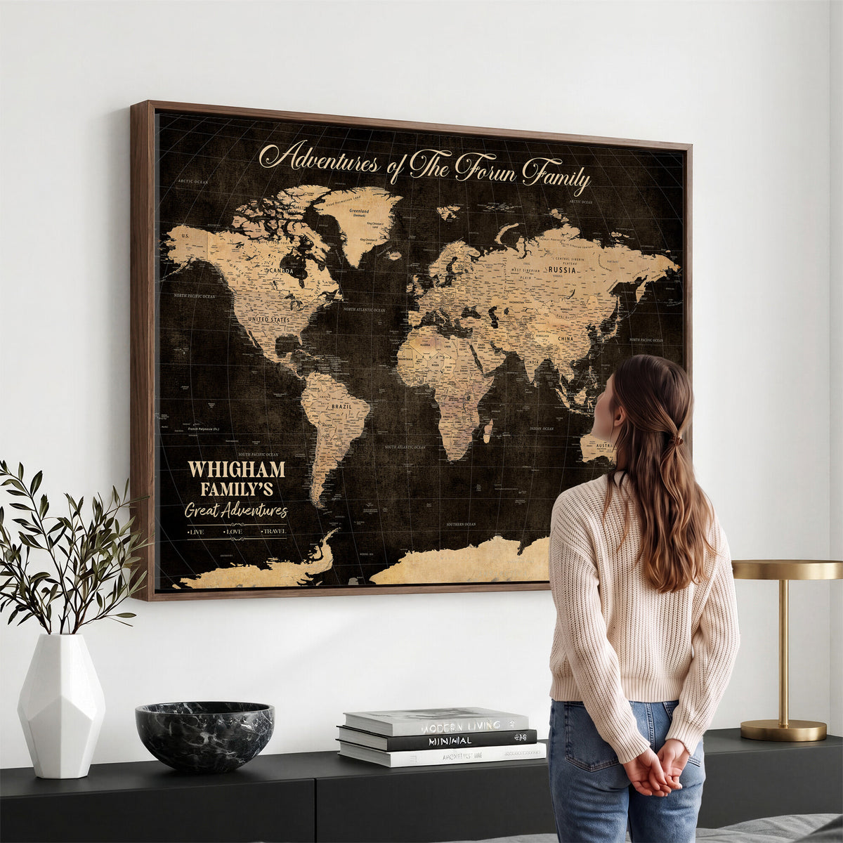 69635819-MGV-CV-36X24 - Custom Push Pin World Map Wall Art Canvas Print | Personalized Travel Tracker with Pins Framed Large for Home and Office Decor