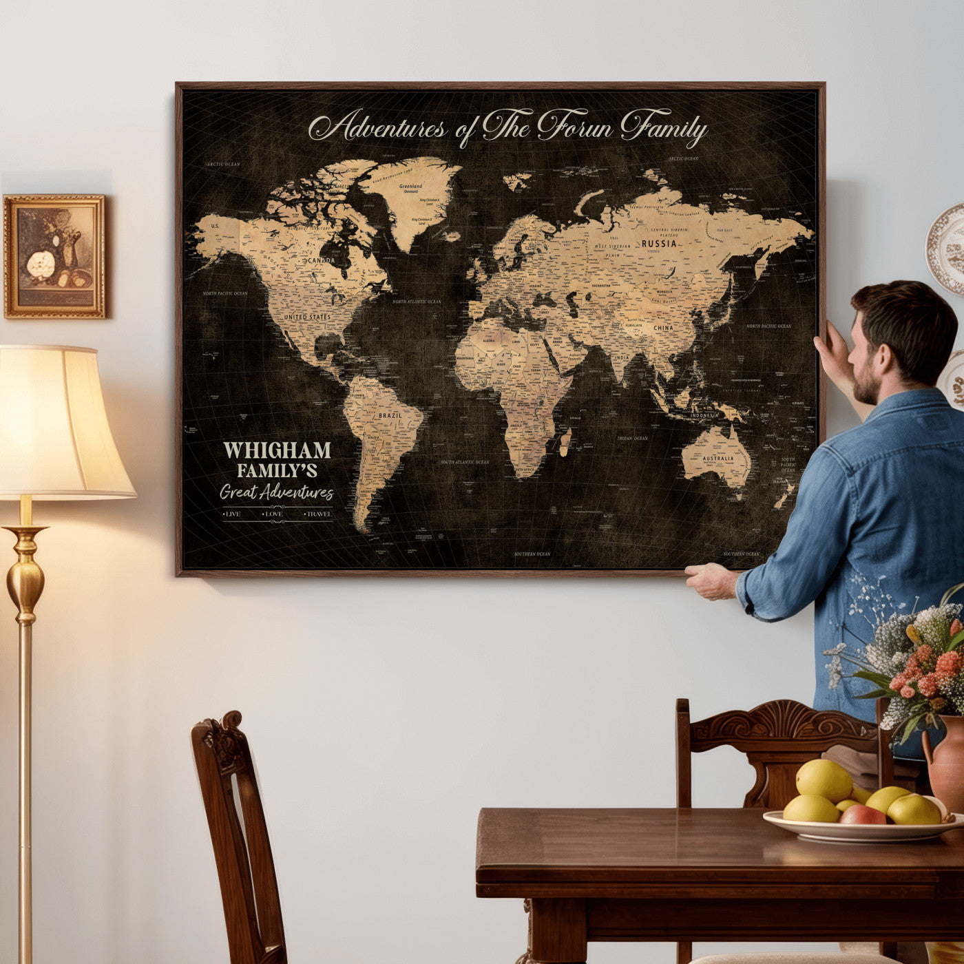 68639184-MGV-CV-36X24 - Custom Push Pin World Map Wall Art Canvas Print – Personalized Travel Tracker with Pins Framed Large for Home and Office Decor