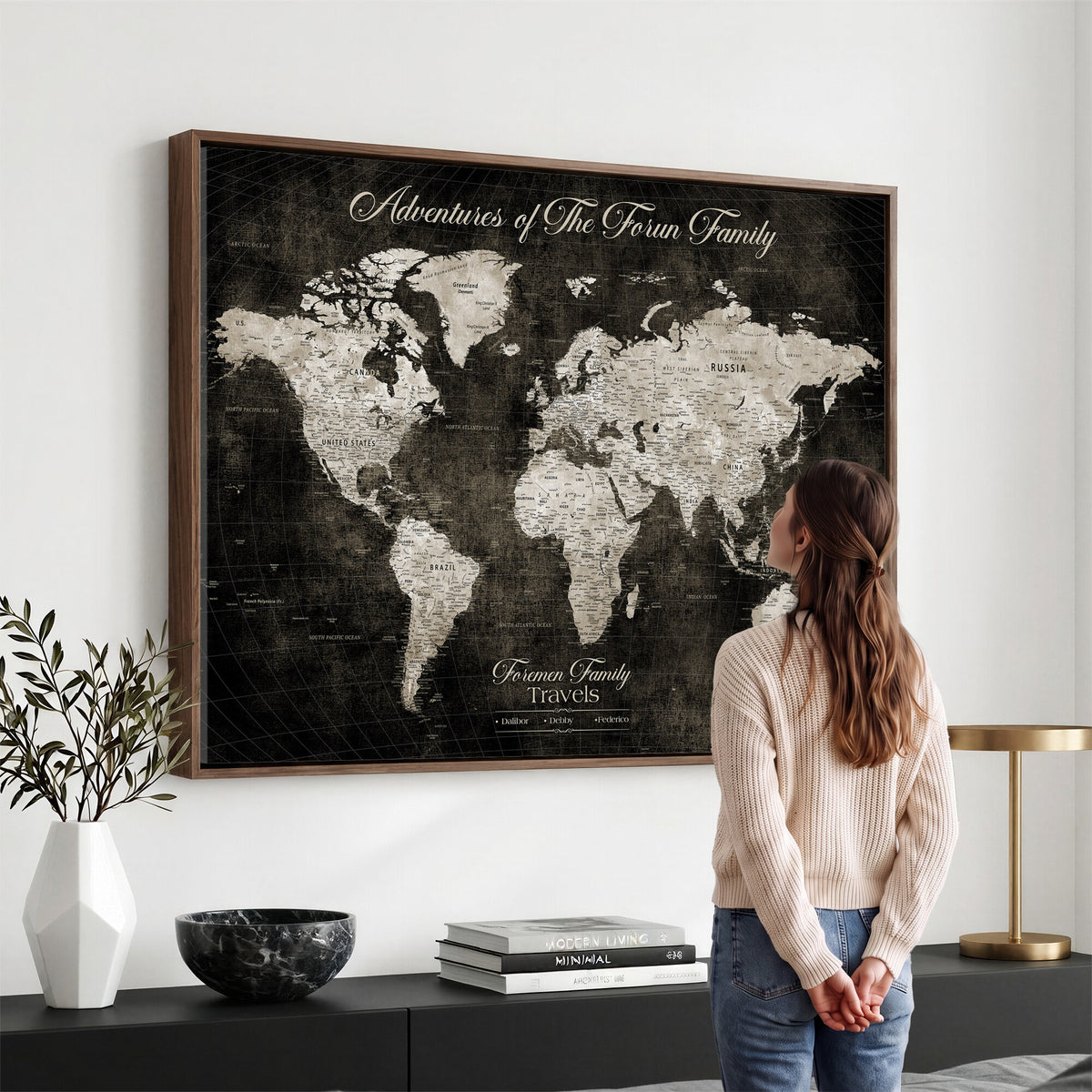 73767525-MGV-CV-36X24 - Custom Push Pin World Map Wall Art Canvas Print | Personalized Travel Tracker with Pins Framed Large for Home and Office Decor