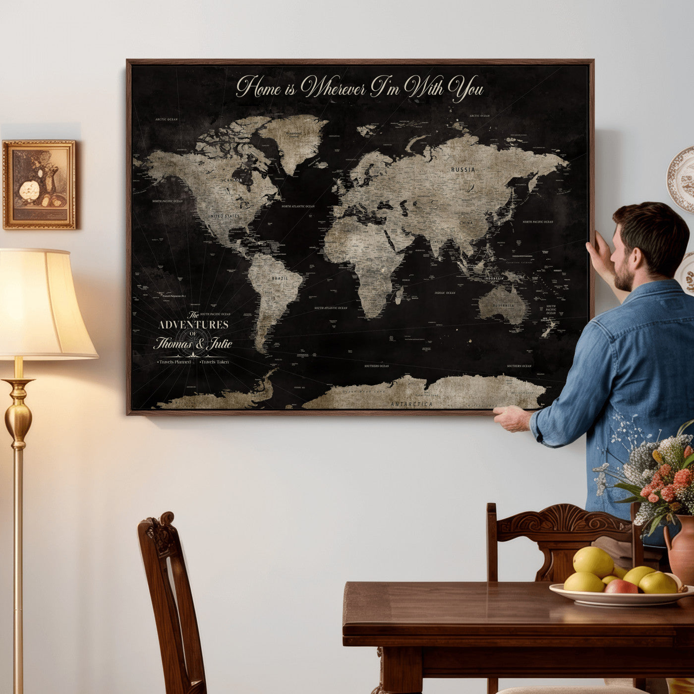28461537-MGV-CV-36X24 - Custom Push Pin World Map Wall Art Canvas Print – Personalized Travel Tracker with Pins Framed Large for Home and Office Decor