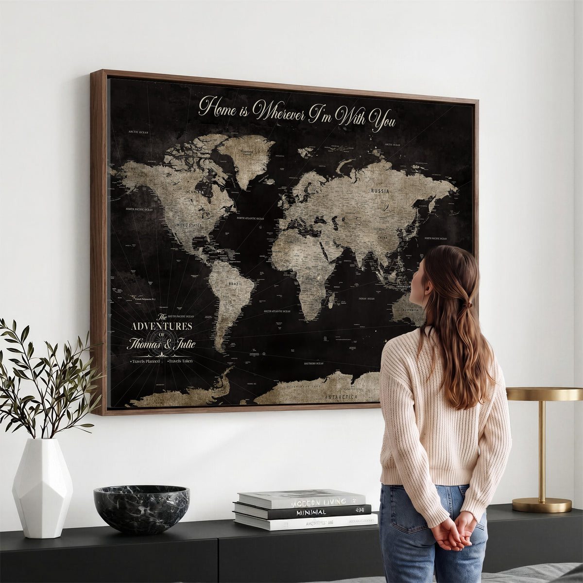 28461537-MGV-CV-36X24 - Personalized Framed Black Geometric World Map Canvas with Push Pins, Bucket List Map, Living Room and Dining Room Decor