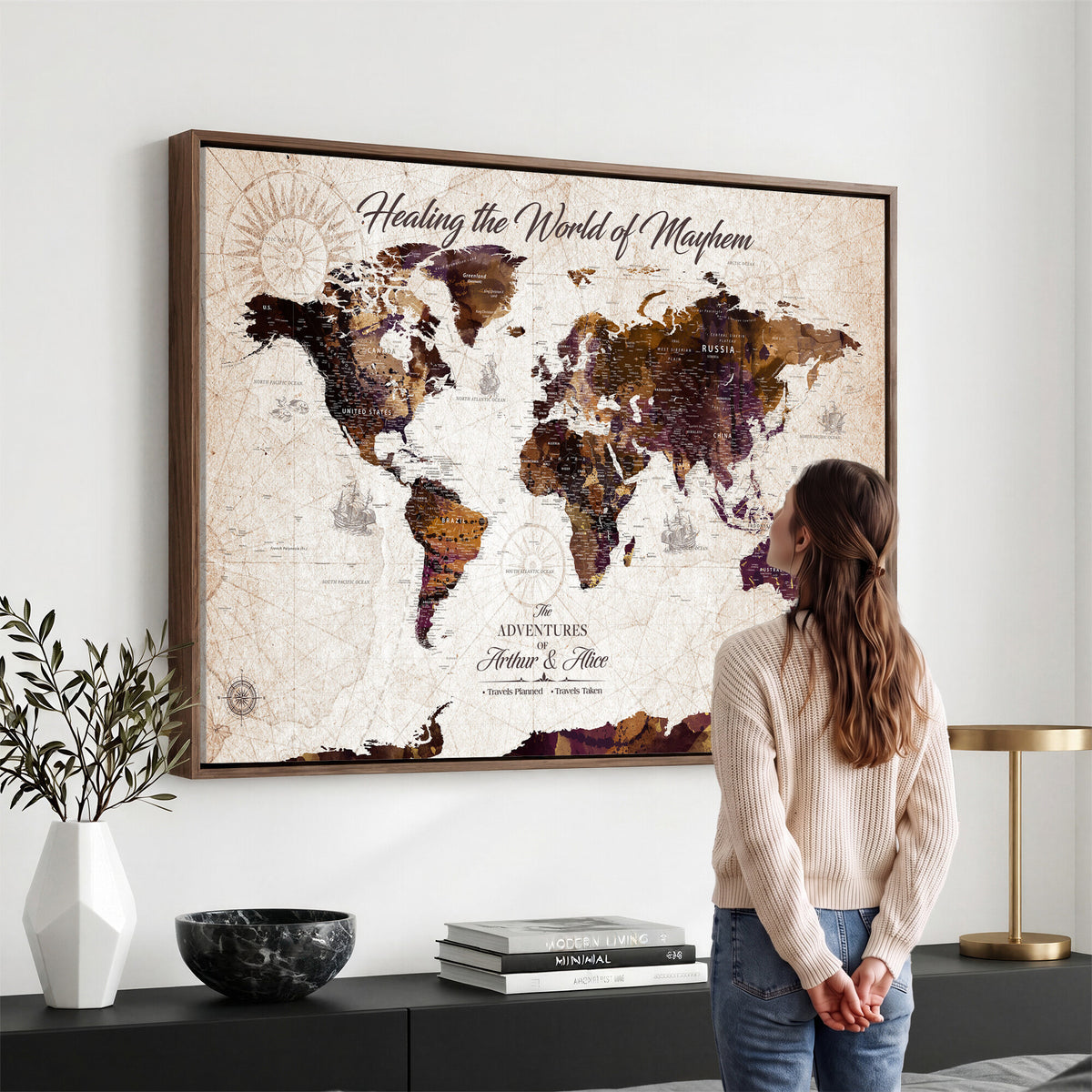20154714-MGV-CV-36X24 - Custom Push Pin World Map Wall Art Canvas Print | Personalized Travel Tracker with Pins Framed Large for Home and Office Decor