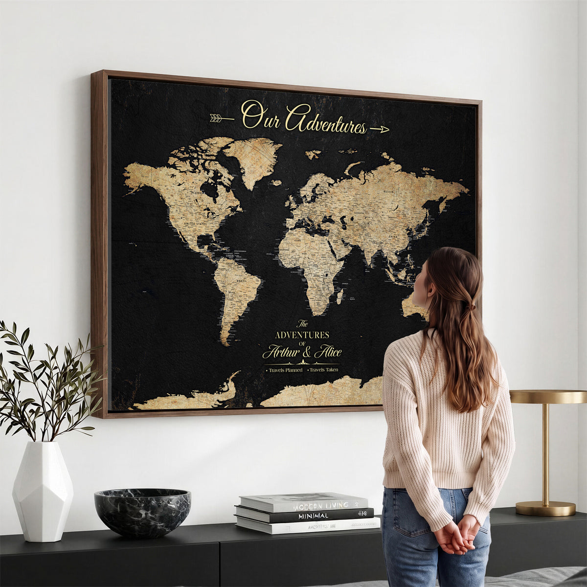 54638998-MGV-CV-36X24 - Custom Push Pin World Map Wall Art Canvas Print | Personalized Travel Tracker with Pins Framed Large for Home and Office Decor