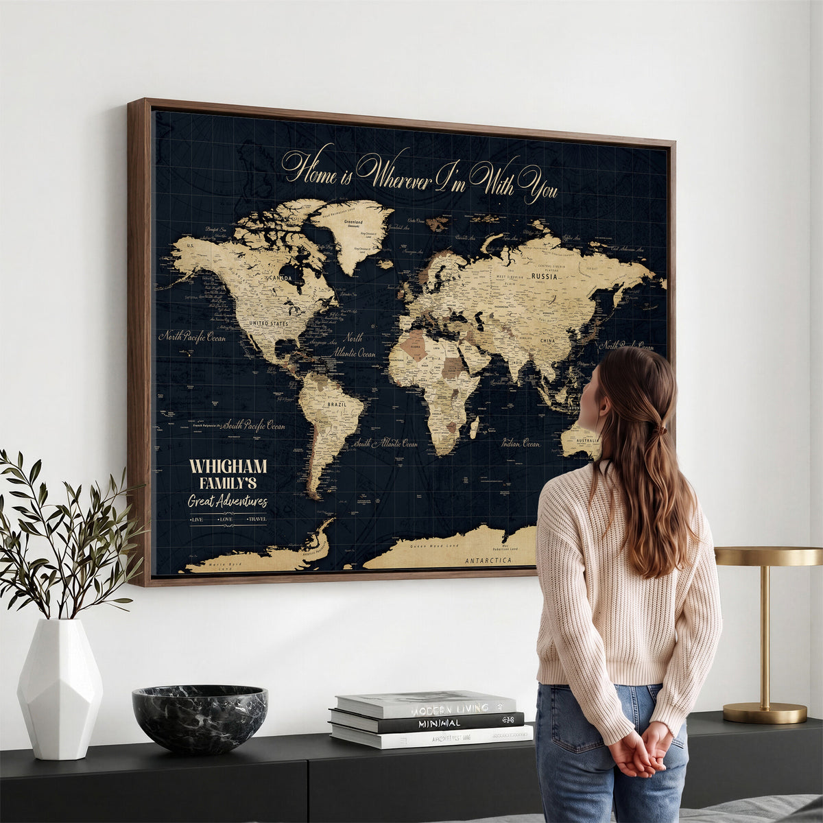 86888698-MGV-CV-36X24 - Custom Push Pin World Map Wall Art Canvas Print | Personalized Travel Tracker with Pins Framed Large for Home and Office Decor