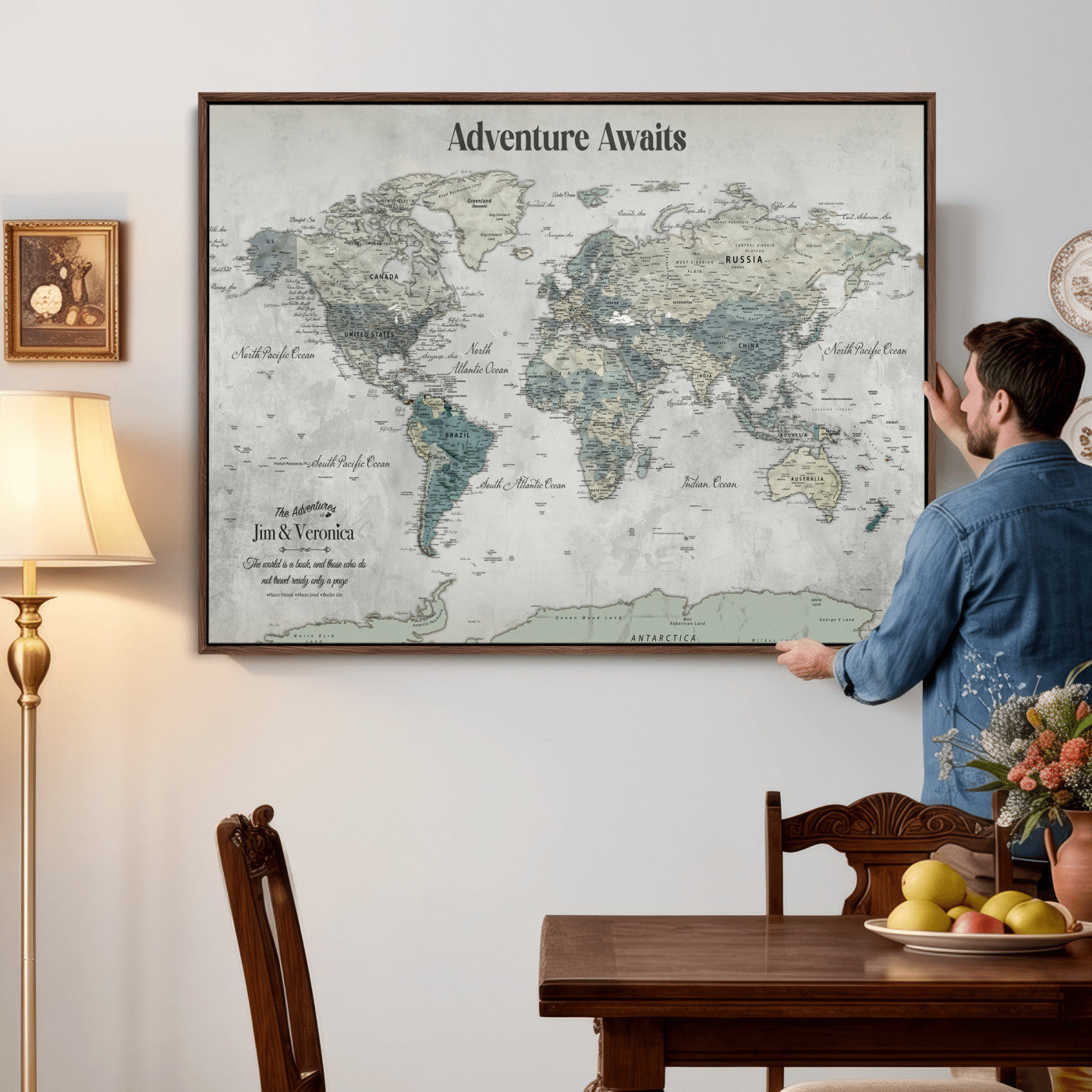 11945570-MGV-CV-36X24 - Custom Push Pin World Map Wall Art Canvas Print – Personalized Travel Tracker with Pins Framed Large for Home and Office Decor