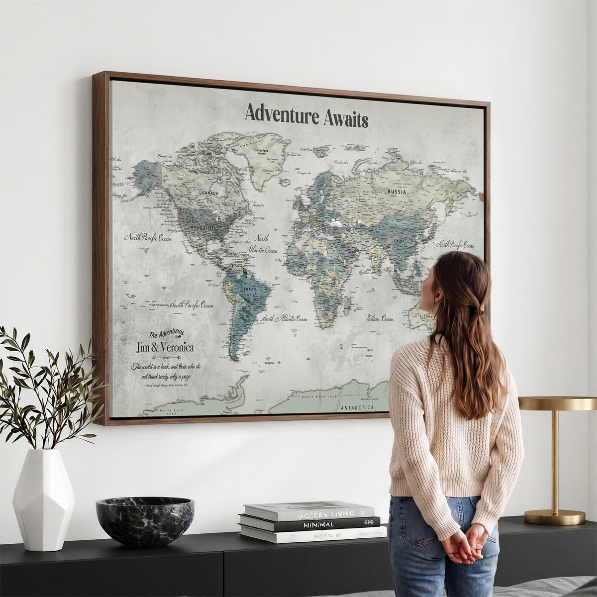 11945570-MGV-CV-36X24 - Custom Push Pin World Map Wall Art Canvas Print | Personalized Travel Tracker with Pins Framed Large for Home and Office Decor