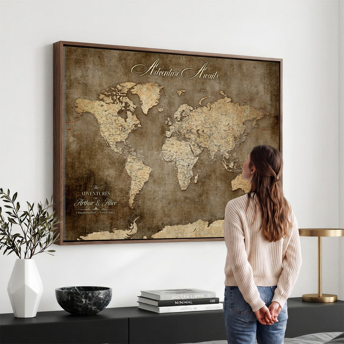 61836190-MGV-CV-36X24 - Custom Push Pin World Map Wall Art Canvas Print | Personalized Travel Tracker with Pins Framed Large for Home and Office Decor