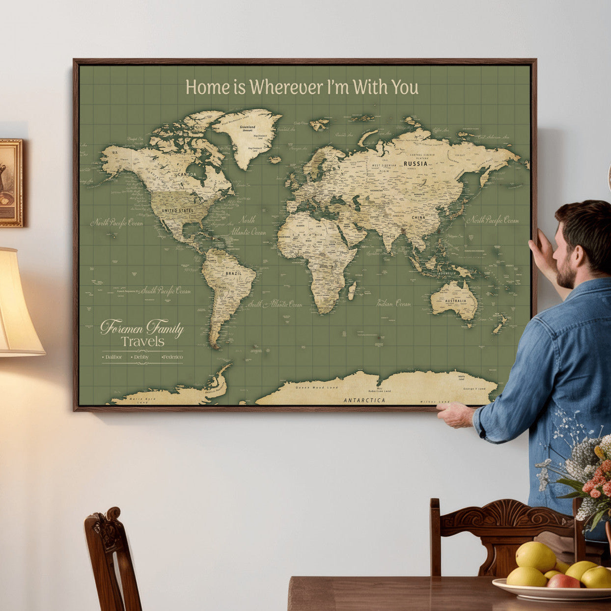 88521244-MGV-CV-36X24 - Custom Push Pin World Map Wall Art Canvas Print – Personalized Travel Tracker with Pins Framed Large for Home and Office Decor