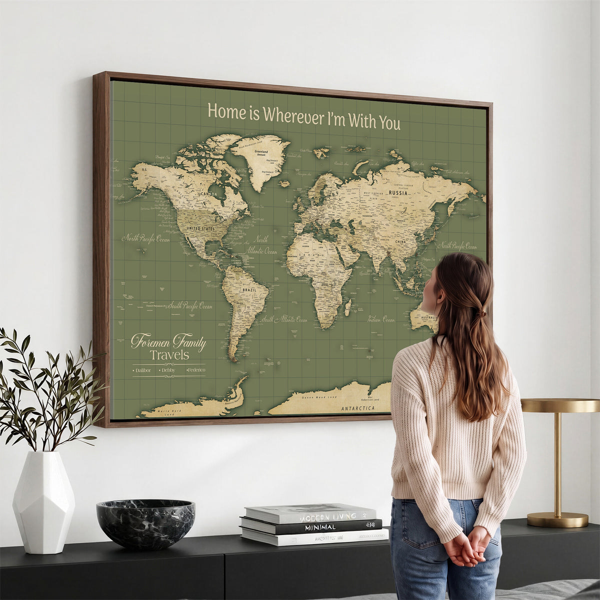 88521244-MGV-CV-36X24 - Custom Push Pin World Map Wall Art Canvas Print | Personalized Travel Tracker with Pins Framed Large for Home and Office Decor