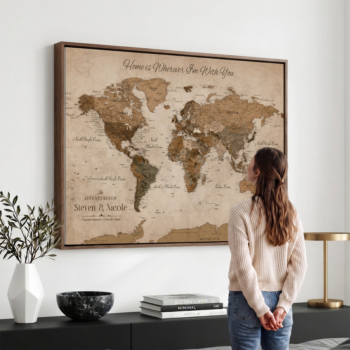 67360040-MGV-CV-36X24 - Personalized Framed Navy Geometric World Map Canvas with Push Pins, Couples Countries Visited Map, Living Room and Hallway Decor