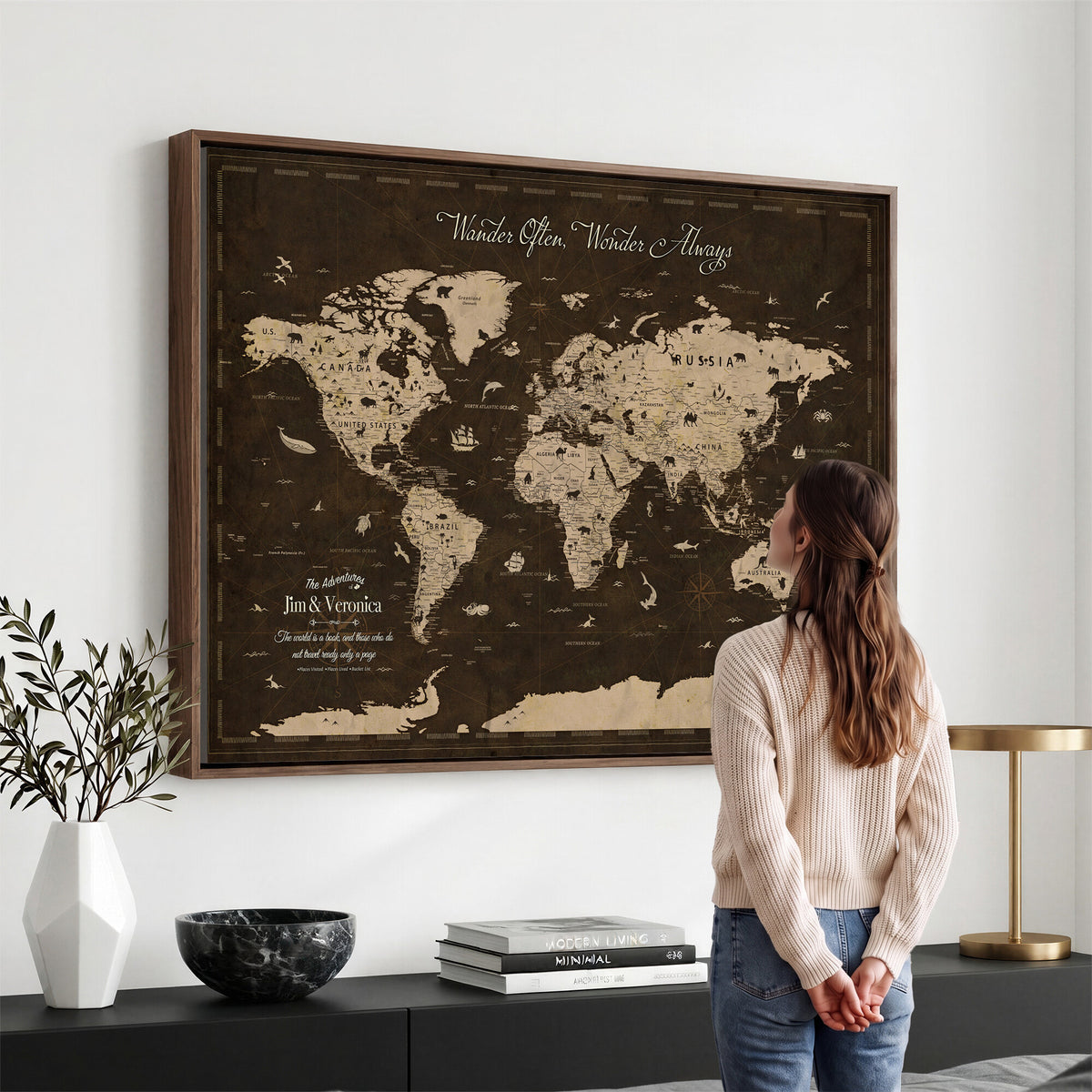 20091587-MGV-CV-36X24 - Custom Push Pin World Map Wall Art Canvas Print | Personalized Travel Tracker with Pins Framed Large for Home and Office Decor