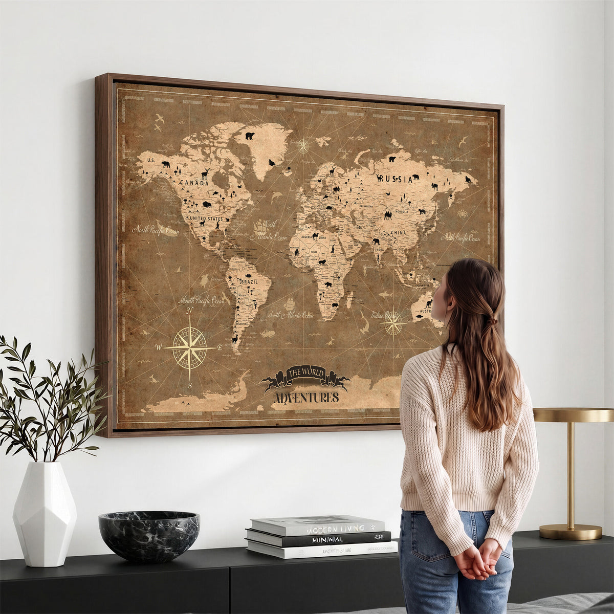 16235283-MGV-CV-36X24 - Custom World Travel Map Wall Art with Pins, Family Travel Tracker, Living Room and Bedroom Decor