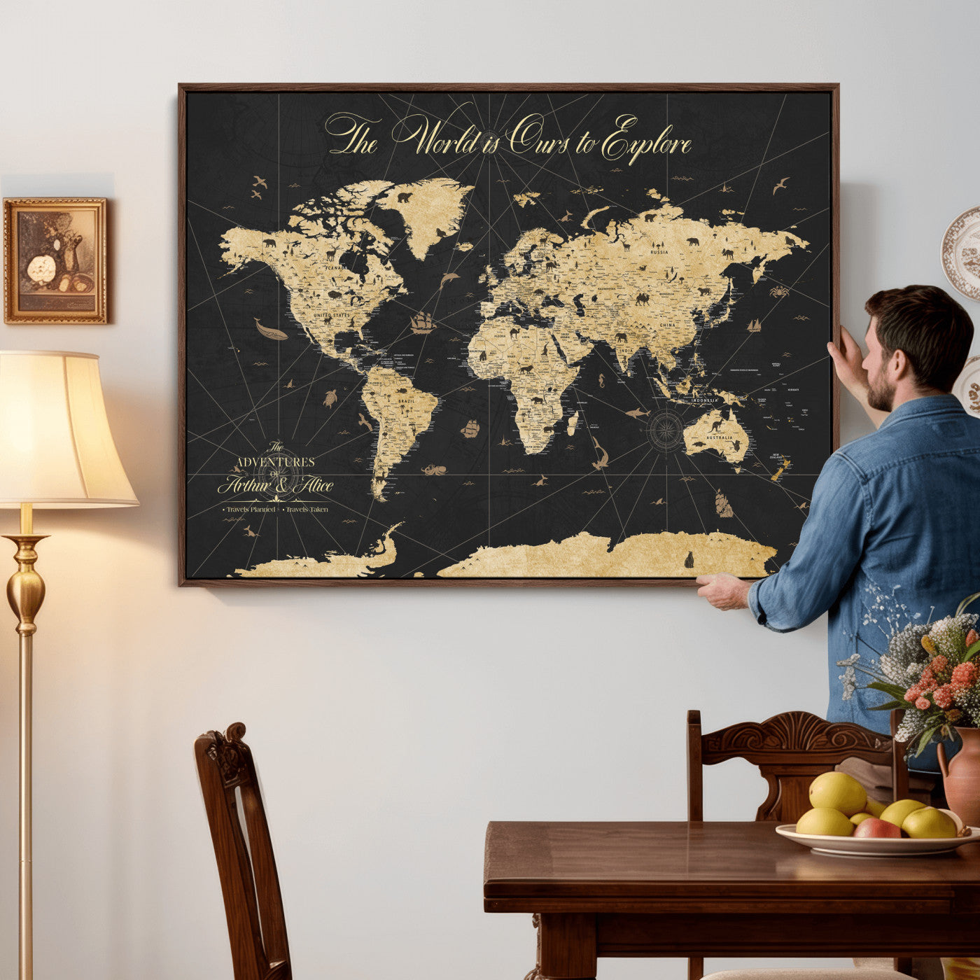 54097664-MGV-CV-36X24 - Custom Push Pin World Map Wall Art Canvas Print – Personalized Travel Tracker with Pins Framed Large for Home and Office Decor