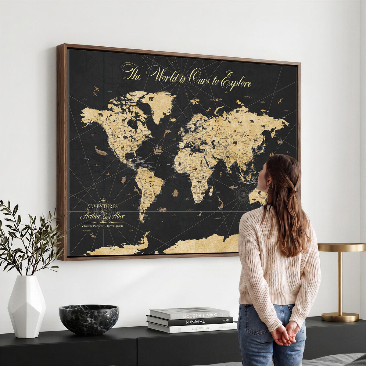 54097664-MGV-CV-36X24 - Custom Push Pin World Map Canvas Print, Couples Countries Visited Map, Living Room and Home Office Decor