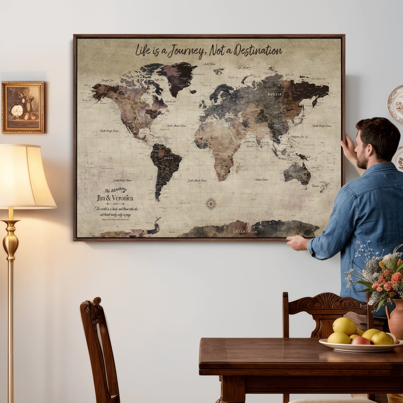 58257942-MGV-CV-36X24 - Custom Push Pin World Map Wall Art Canvas Print – Personalized Travel Tracker with Pins Framed Large for Home and Office Decor