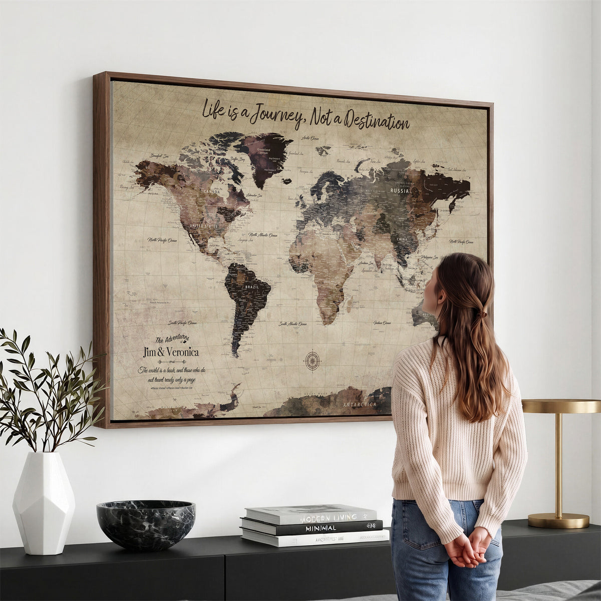 58257942-MGV-CV-36X24 - Custom Push Pin World Map Wall Art Canvas Print | Personalized Travel Tracker with Pins Framed Large for Home and Office Decor