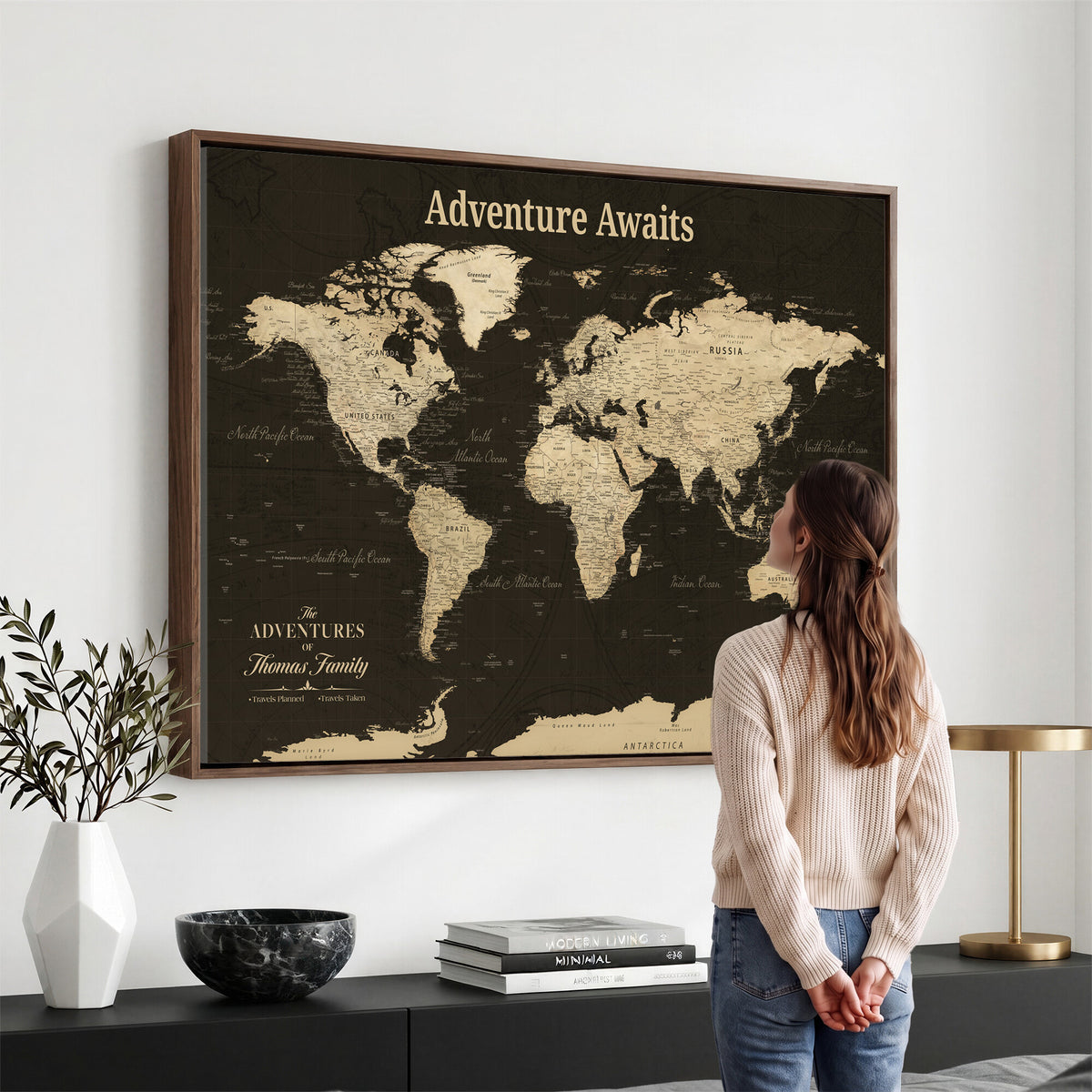 47597338-MGV-CV-36X24 - Custom Push Pin World Map Wall Art Canvas Print | Personalized Travel Tracker with Pins Framed Large for Home and Office Decor