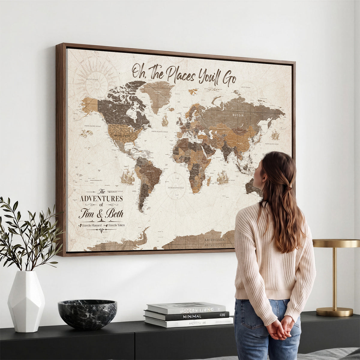 NEWMAP-8-MGV-CV-36X24 - Custom Beige World Travel Map Wall Art with Pins, Couples Countries Visited Map, Living Room and Study Decor