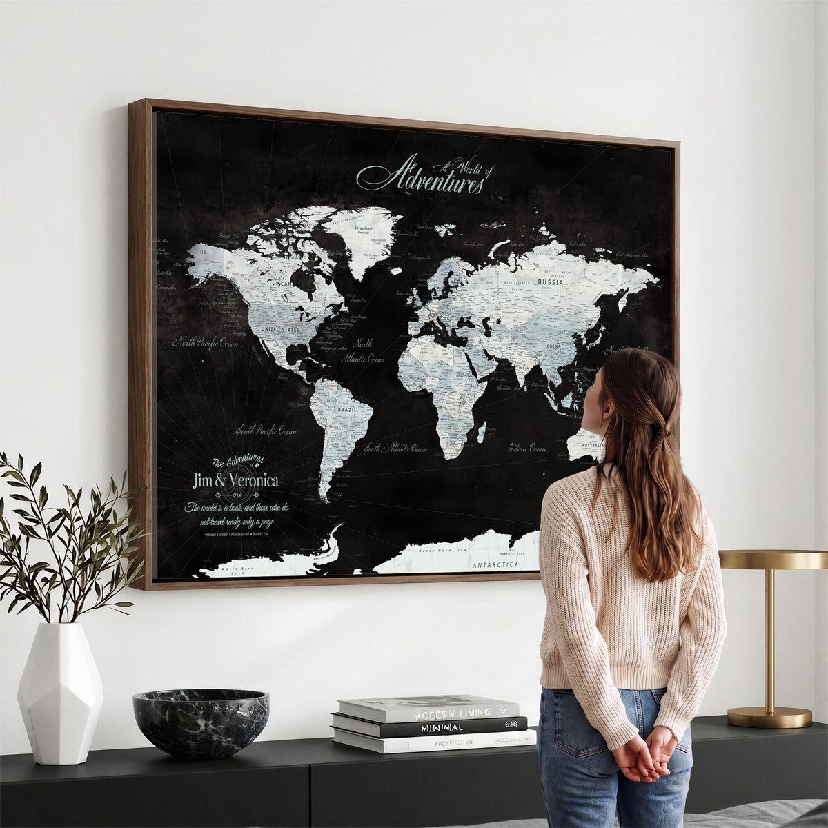 67491071-MGV-CV-36X24 - Custom Beige World Travel Map Wall Art with Pins, Places Visited Tracker, Bedroom and Home Office Decor