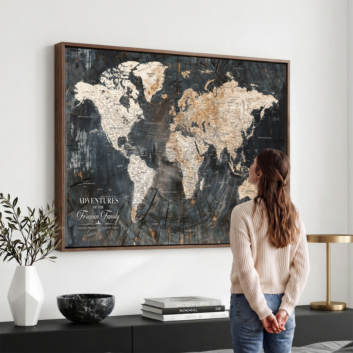 77865338-MGV-CV-36X24 - Personalized Framed Beige Push Pin World Map Canvas Print, Bucket List Map, Living Room and Hallway Decor