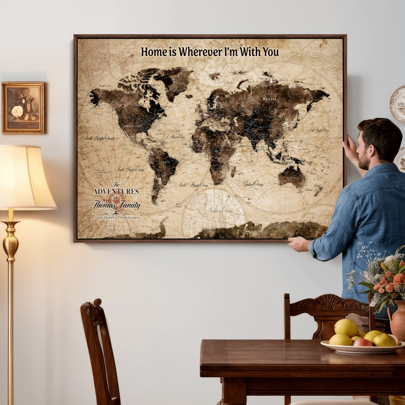 74771891-MGV-CV-36X24 - Custom Push Pin World Map Wall Art Canvas Print – Personalized Travel Tracker with Pins Framed Large for Home and Office Decor
