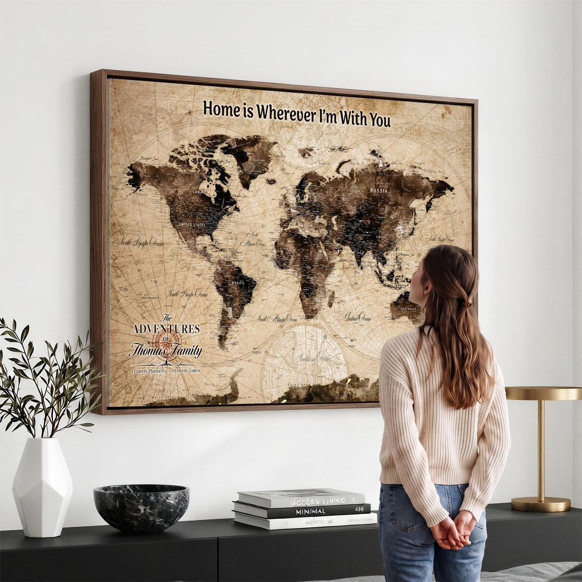 74771891-MGV-CV-36X24 - Personalized Framed Beige Modern World Travel Map Wall Art with Pins, Family Adventure Map, Living Room and Hallway Decor