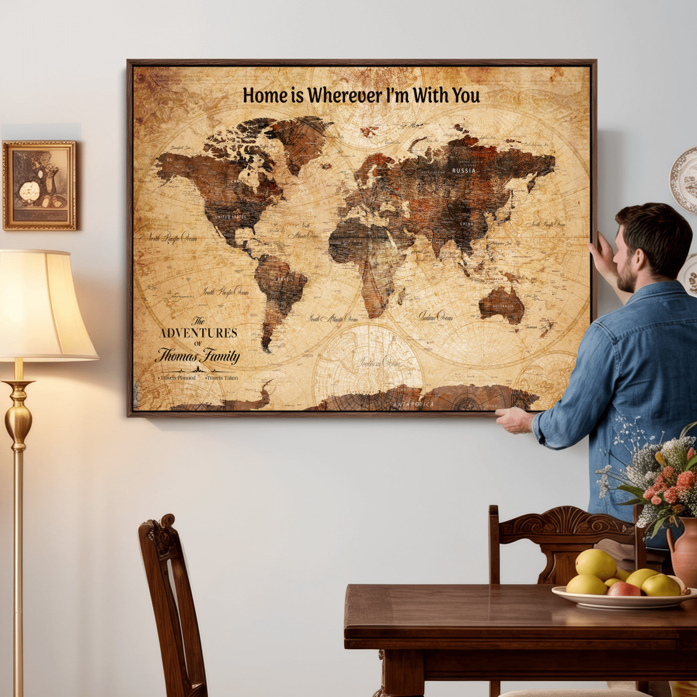 47310001-MGV-CV-36X24 - Custom Push Pin World Map Wall Art Canvas Print – Personalized Travel Tracker with Pins Framed Large for Home and Office Decor