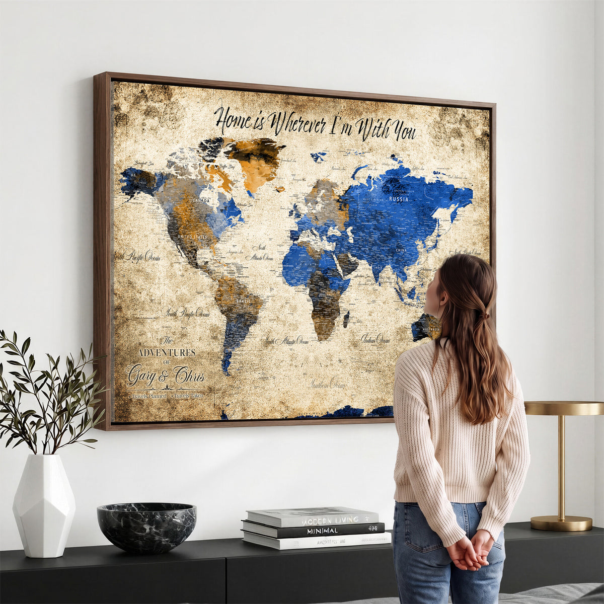 13332533-MGV-CV-36X24 - Personalized Framed Beige World Map Canvas with Push Pins, Honeymoon and Anniversary Gift, Living Room and Home Office Decor