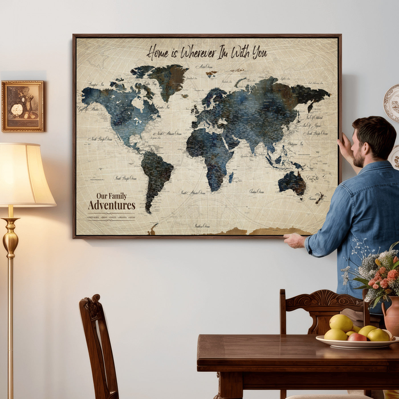 51383535-MGV-CV-36X24 - Custom Push Pin World Map Wall Art Canvas Print – Personalized Travel Tracker with Pins Framed Large for Home and Office Decor