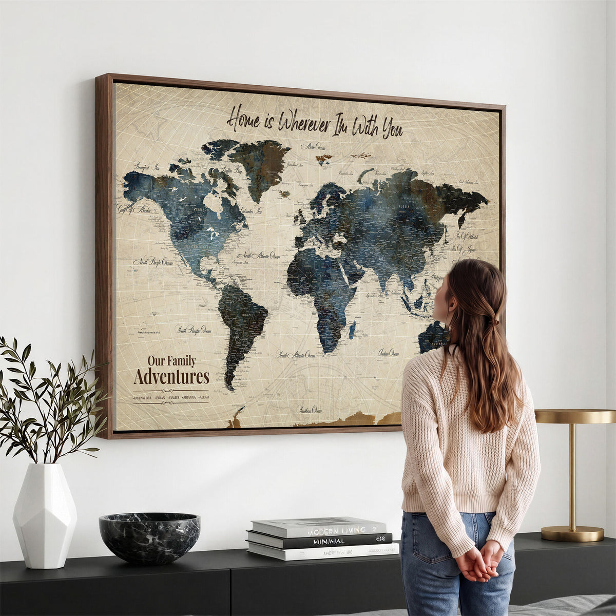 51383535-MGV-CV-36X24 - Personalized Framed Black Modern Push Pin Travel Map Canvas Print, Family Travel Tracker, Home Office and Entryway Decor