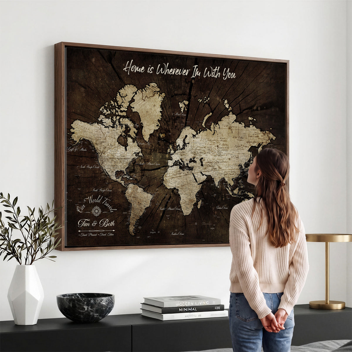 46573259-MGV-CV-36X24 - Personalized Watercolor Push Pin World Map Canvas Wall Art, Custom Framed Travel Map - NEWMAP-094