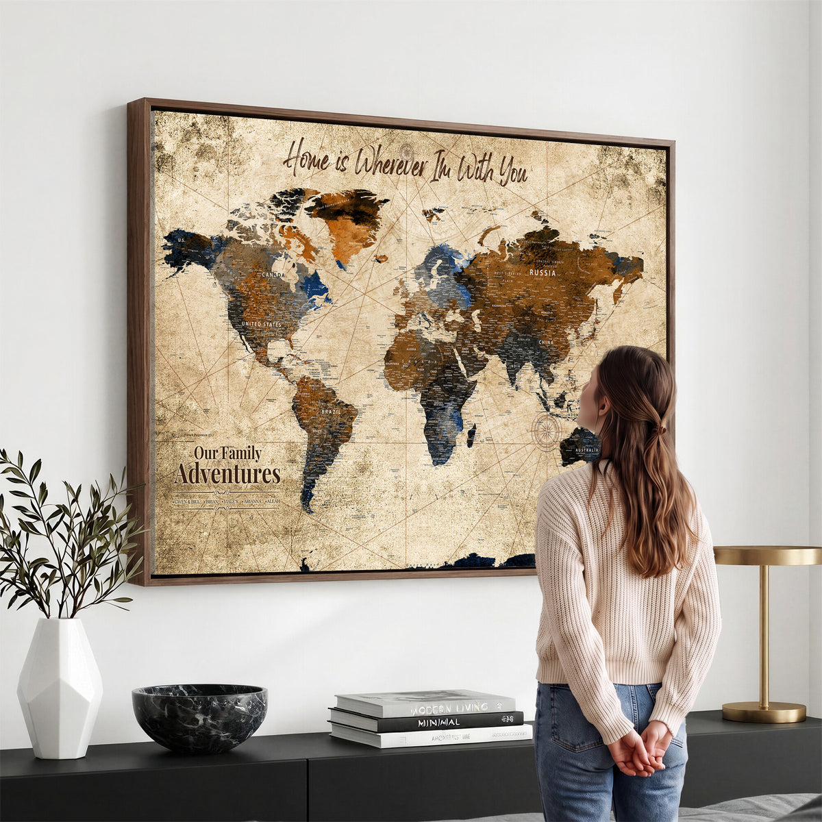 17548029-MGV-CV-36X24 - Personalized Framed Beige Modern Push Pin World Map Canvas Print, Bucket List Map, Home Office and Study Decor