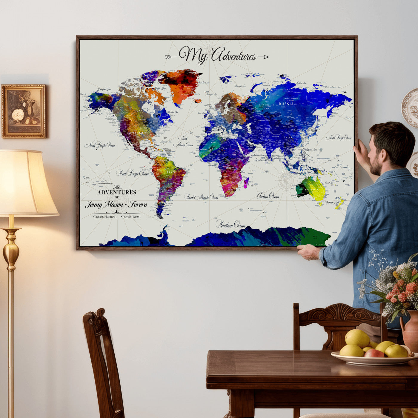 45423989-MGV-CV-36X24 - Custom Push Pin World Map Wall Art Canvas Print – Personalized Travel Tracker with Pins Framed Large for Home and Office Decor