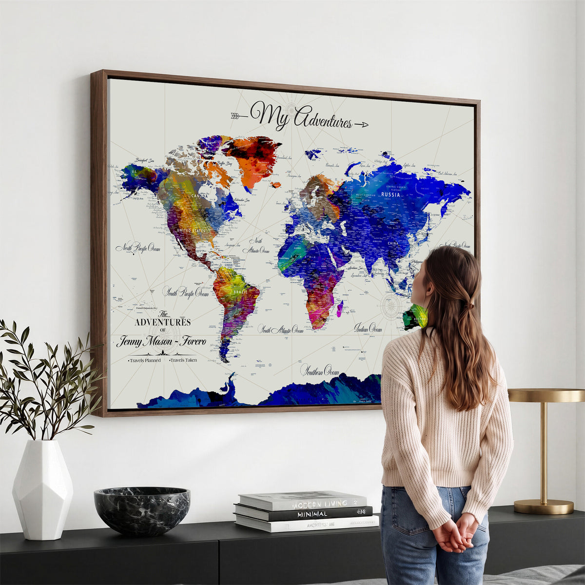 45423989-MGV-CV-36X24 - Detailed Custom Framed Beige Modern World Map Canvas with Push Pins, Honeymoon and Anniversary Gift, Dining Room and Home Office Decor