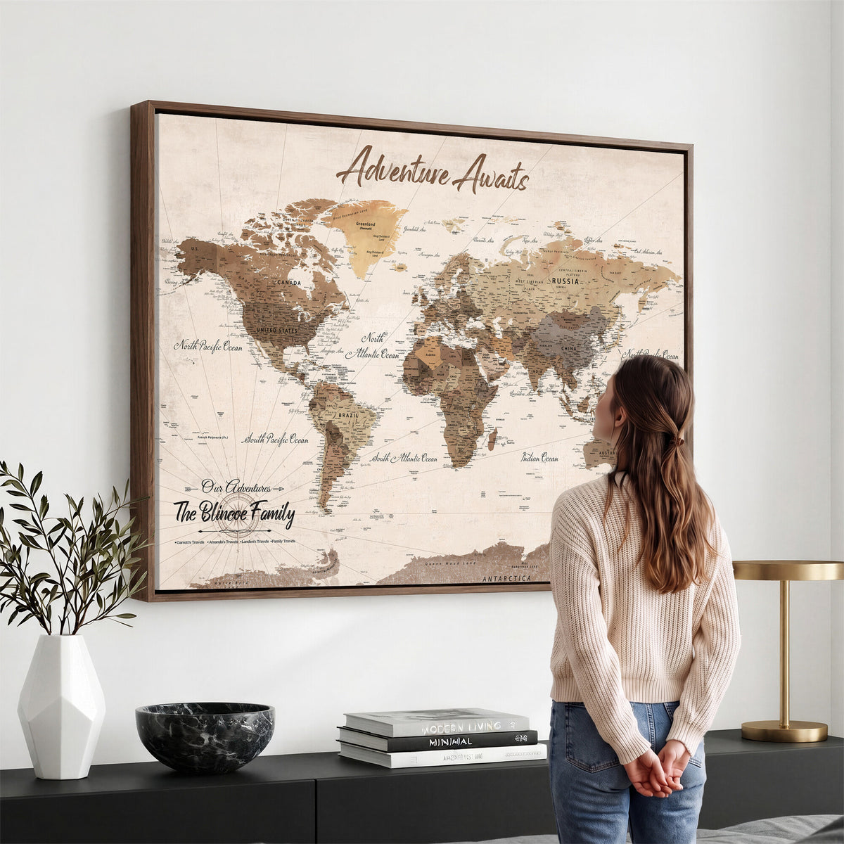 64110351-MGV-CV-36X24 - Personalized Framed White Modern Push Pin Travel Map Canvas Print, Bucket List Map, Dining Room and Study Decor
