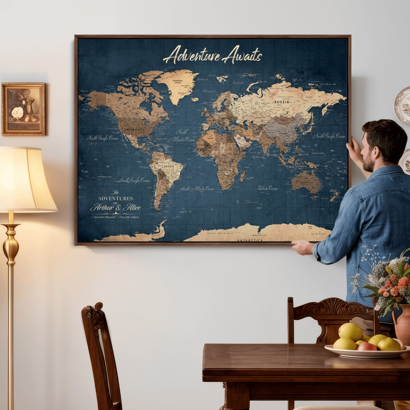 64110391-MGV-CV-36X24 - Custom Push Pin World Map Wall Art Canvas Print – Personalized Travel Tracker with Pins Framed Large for Home and Office Decor