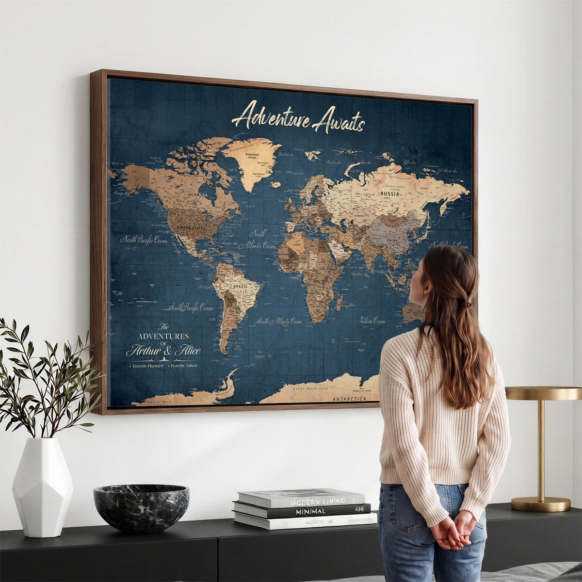 64110391-MGV-CV-36X24 - Personalized White Vintage World Travel Map Wall Art with Pins, Next Trip Planner Map, Family Room and Dining Room Decor