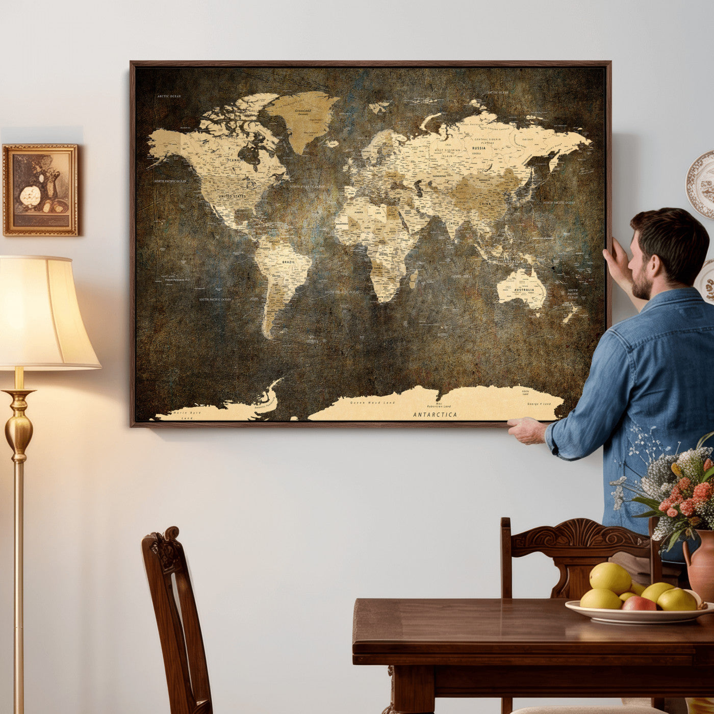 89742472-MGV-CV-36X24 - World Map Wall Art Canvas Print, Modern Decorative Framed Map Artwork Prints for Living Room, Office, Bedroom Wall Decor