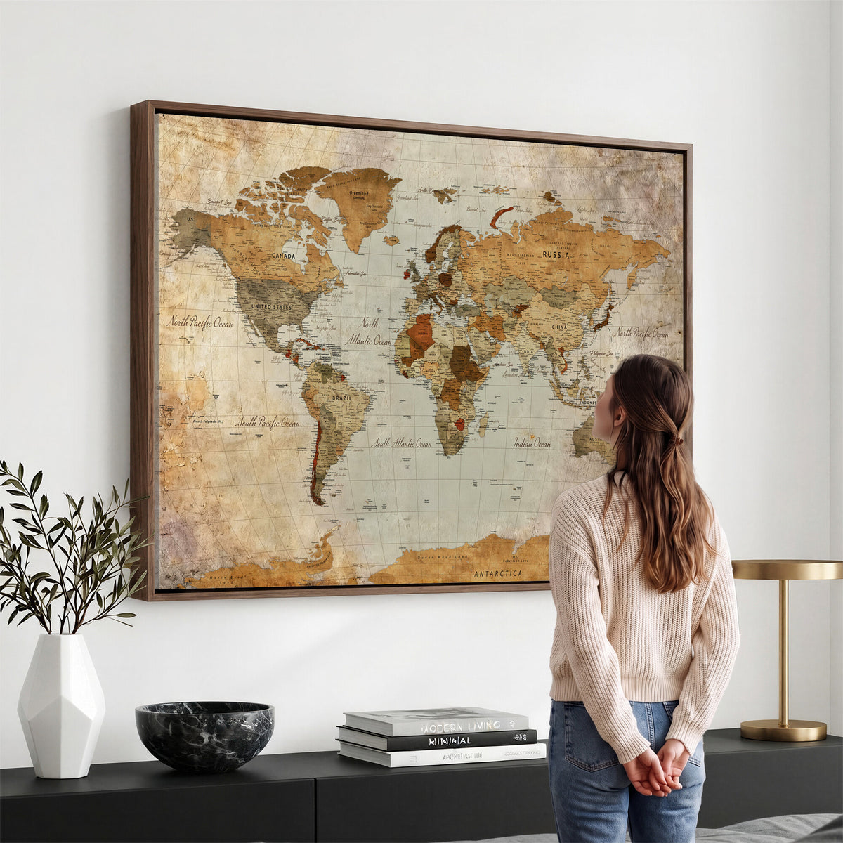 74176056-MGV-CV-36X24 - World Map Wall Art Canvas Print, Modern Decorative Framed Map Artwork Prints for Living Room, Office, Bedroom Wall Decor