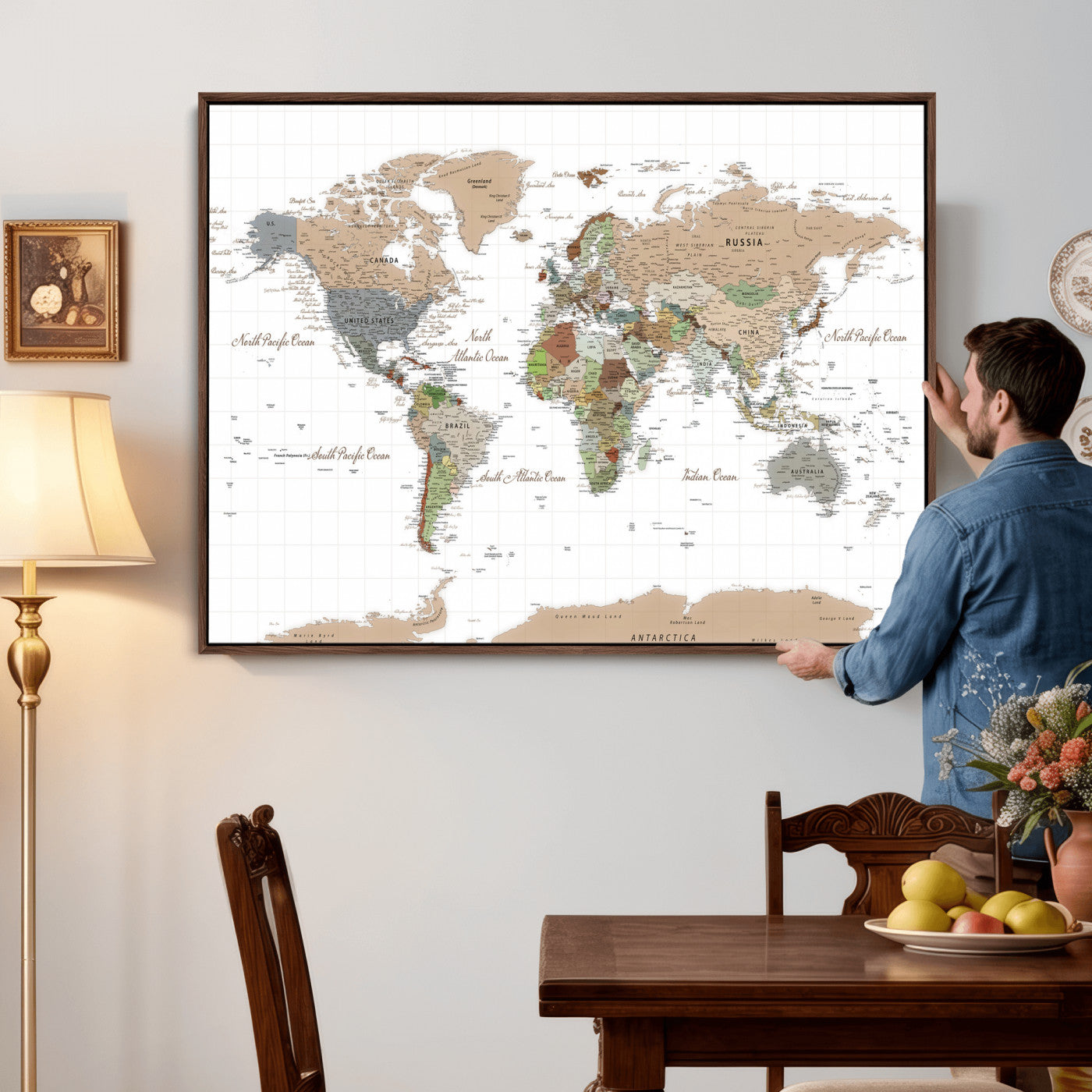 91286788-MGV-CV-36X24 - World Map Wall Art Canvas Print, Modern Decorative Framed Map Artwork Prints for Living Room, Office, Bedroom Wall Decor