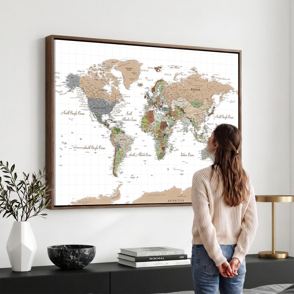 91286788-MGV-CV-36X24 - World Map Wall Art Canvas Print, Modern Decorative Framed Map Artwork Prints for Living Room, Office, Bedroom Wall Decor